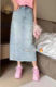 Clearance European denim skirt spring and summer embroidered flower high waist straight skirt casual sweet midi skirt

