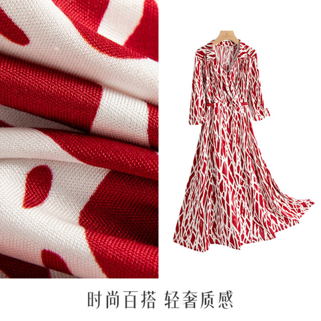 Chunzhu 100% mulberry silk stretch knitted silk wrap skirt with a quarter-sleeved pullover mid-length printed dress