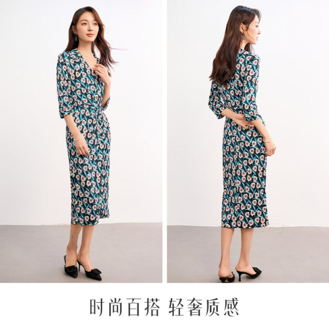 Spring bamboo 100% mulberry silk V-neck 7-quarter sleeve floral 2025 summer new stretch knitted silk dress