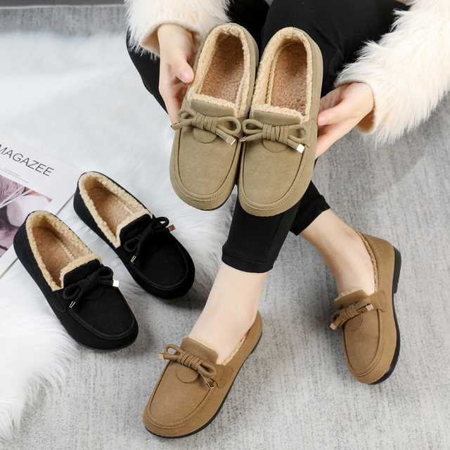 Autumn and winter new style beanie shoes for women, plus velvet, warm casual shoes, flat lazy shoes, furry shoes, one-leg women's cotton shoes