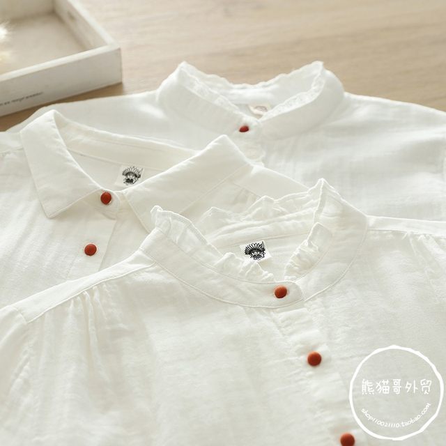 Pure cotton stand collar black ears white shirt Japanese spring and autumn new long-sleeved solid color base age-reducing layered shirt for women