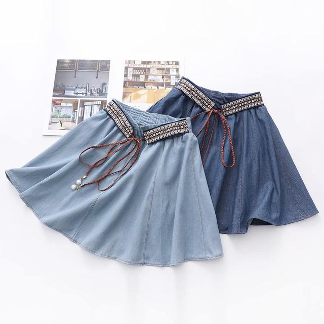 Japanese Mori Women's Spring and Summer Clothing Ethnic Style Lace-up Denim Skirt Student Girl Soft Cute Girl Short Skirt Umbrella Skirt