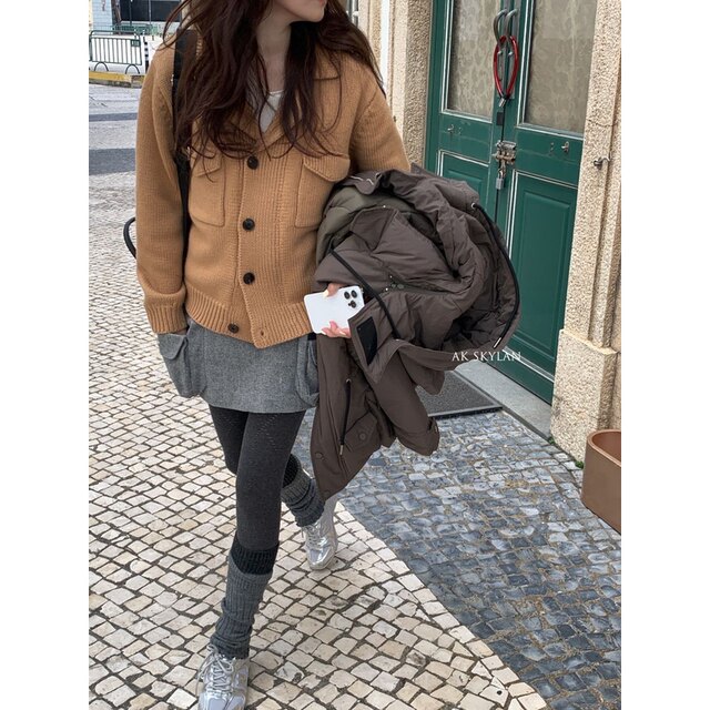 A day of Korean loose, lazy wind, thick warmth, warm suit and lapel short jacket sweater cardigan outer jacket female
