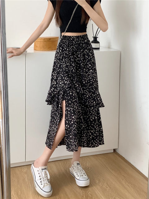 Large size chiffon skirt summer 2025 new mid-length floral cake skirt fat MM high waist elastic A-line skirt