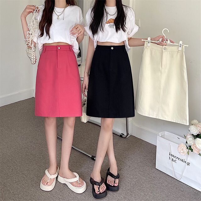 Summer Korean mid-length skirt, large size high waist versatile denim skirt, student solid color slit skirt, ins trendy