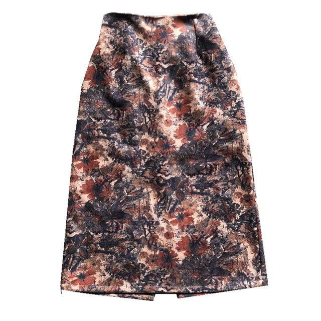 Oil painting printed skirt Female autumn and winter covers thin split middle skirt student A -line hip skirt large size short skirt tide
