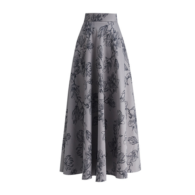 Skirt Spring and Autumn 2025 new gray floral A-line long skirt with high waist covering belly drooping large size umbrella skirt

