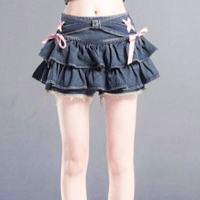Small light luxury custom lace-up skirt blue denim pleated skirt hot girl slim short skirt design skirt pants