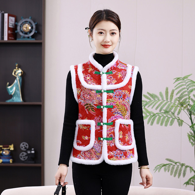 Mother's autumn and winter clothing, ethnic style cotton vest, middle-aged and elderly women's clothing, Northeastern large flower cotton-padded jacket with buckle and velvet vest
