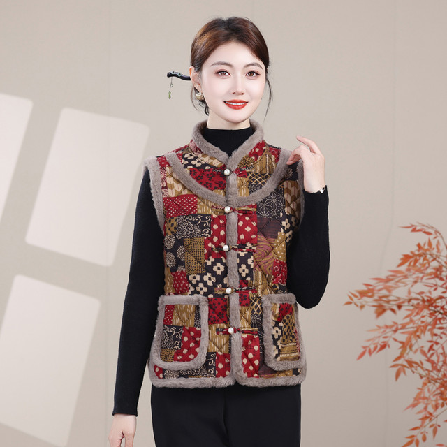 Mom's winter plaid cotton vest Chinese style national style vest jacket middle-aged and elderly women's clothing plus velvet grandma warm vest