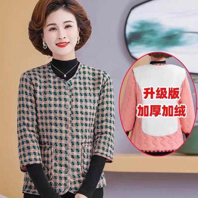 Mom's new autumn and winter 7-quarter sleeve camel velvet cotton vest middle-aged and elderly women's warm horse clip plus velvet vest cotton jacket