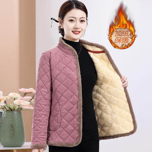 New corduroy thickened cotton jacket for women in winter middle-aged and elderly warm cotton jacket for mothers dresses fashionable plush cotton jacket
