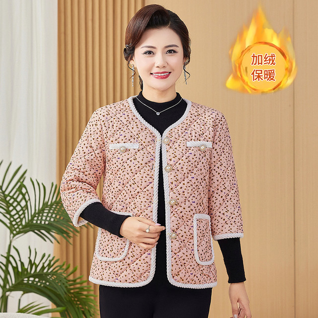 Middle-aged and elderly women's cotton vest, plus velvet, warm three-quarter sleeve cotton jacket, fashionable floral mid-sleeve vest, cotton-padded jacket