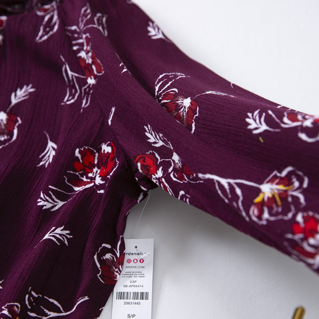 D26-2 New Women's Sauce Purple Red Floral Long Sleeve Small Shirt with Wood Ears One-Ling Short French Shirt