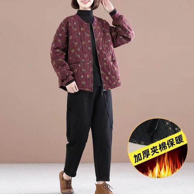 Cotton-padded clothing for women 2025 autumn and winter new large size loose retro quilted thickened cotton and linen versatile casual printed cotton clothing