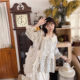 Hot Saysen Women's Simple Blue Floral Cotton and Lines Doll Collar Shirt on the chest Lace 7-quarter sleeves loose and age-reducing