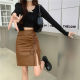 Large -size retro coffee color lace -up PU leather skirt in autumn and winter high waist covered belly A -shaped skirt shows thin split bag hip skirt