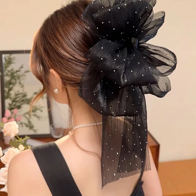Black mesh bow scratching on the back of the head shark clip large-sized hair temperament hair clip 2025 new women
