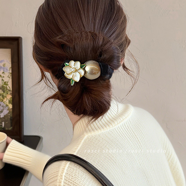 Korean version of camellia pearl small intestine hair band for women 2025 new style high-end ponytail head rope elastic and durable rubber band