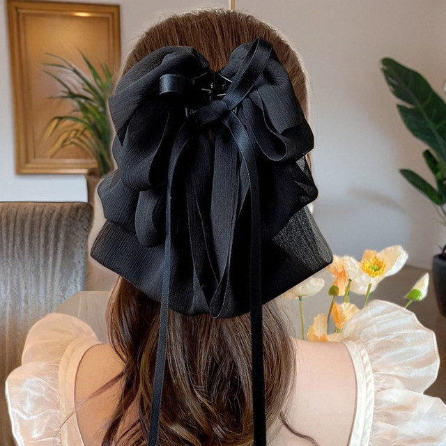 Black mesh bow scratching on the back of the head shark clip large-sized hair temperament hair clip 2025 new women

