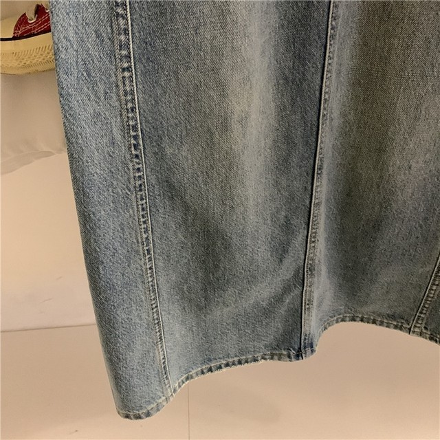 Korean order light blue rear slit denim skirt for women in early spring high waist slim mid-length hip-cover skirt
