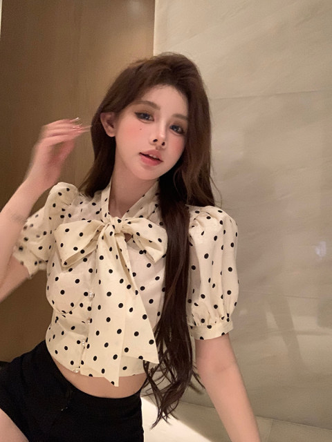 French retro bow polka dot shirt for women summer design short puff sleeves slim waist shirt top