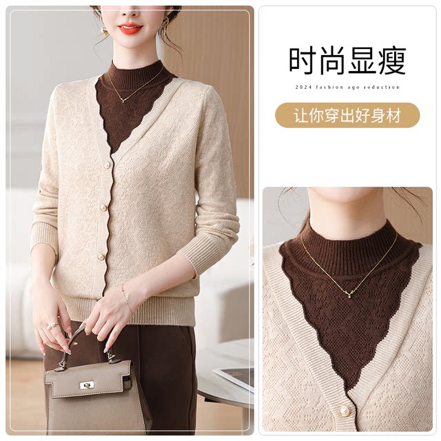 Yu Zhaolin middle-aged and elderly women's clothing 2025 new mother sweater long-sleeved plush top fake two-piece knitted base shirt