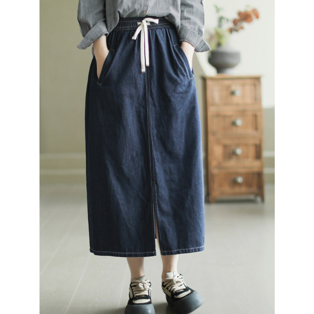 Dele original autumn retro pure cotton washing denim skirt for women's elastic waist strap front slit midi skirt