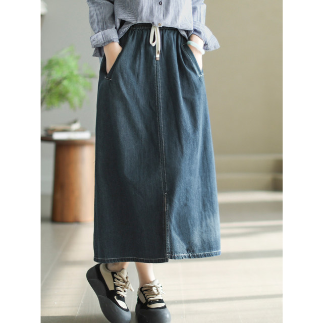 Dele original autumn retro pure cotton washing denim skirt for women's elastic waist strap front slit midi skirt