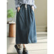 Dele original autumn retro pure cotton washing denim skirt for women's elastic waist strap front slit midi skirt