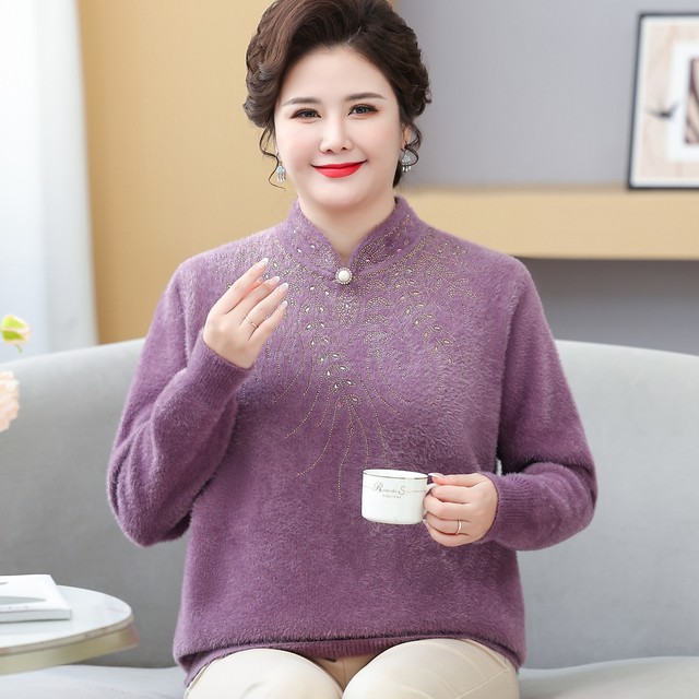 New Chinese style fattening and fat mothers autumn and winter clothing mink velvet woolen clothes for middle-aged and elderly women loose warm tops