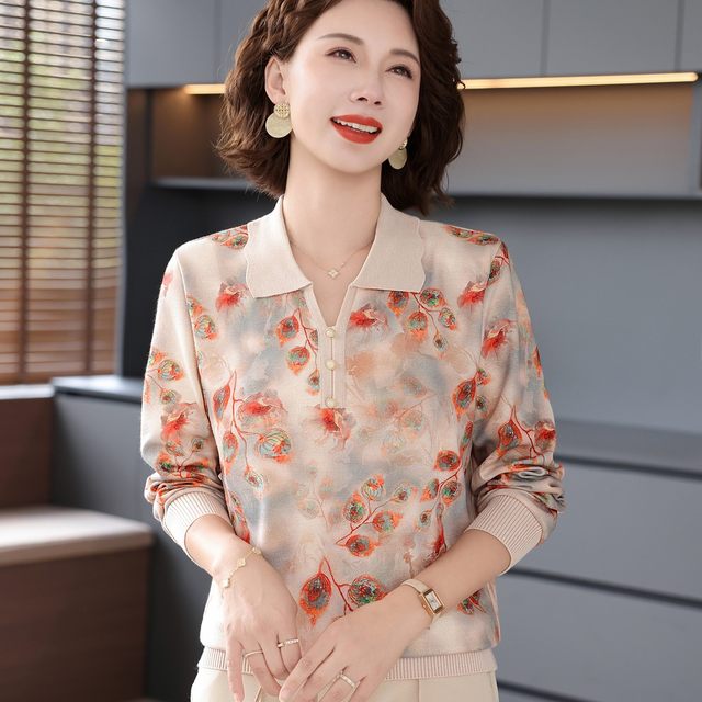 Early autumn mother wears lapel gold silk cotton T-shirt small shirt autumn suit middle-aged and elderly women's spring and autumn base top