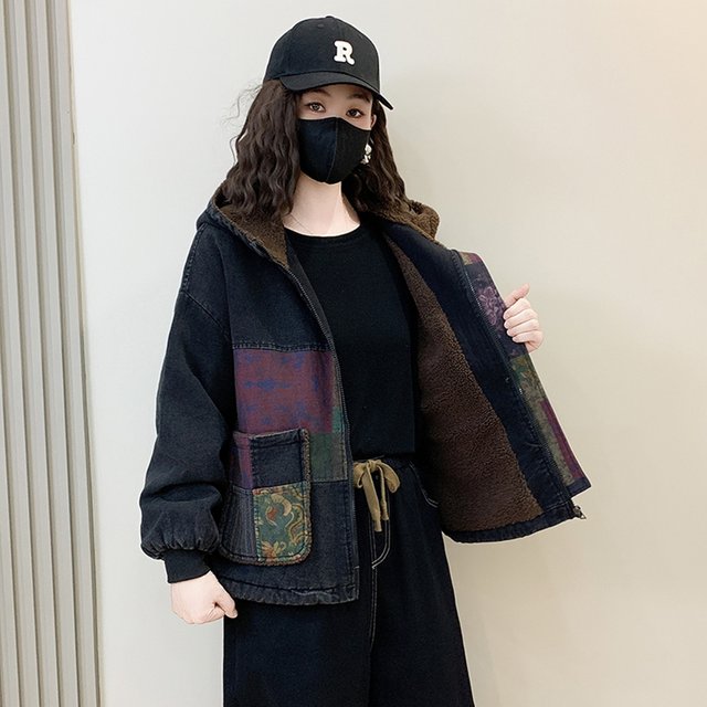 Velvet thickened washed denim hooded jacket autumn and winter new women's versatile casual zipper warm cotton jacket