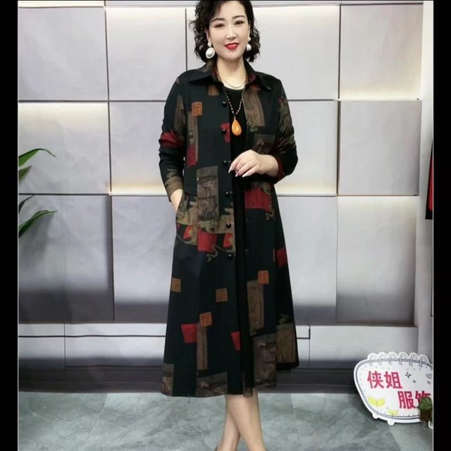 Autumn and winter new style large size women's single-breasted windbreaker mid-length printed slimming knee-high high-end temperament coat