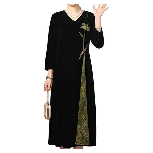 New autumn retro Chinese velvet dress fashionable middle-aged mother's temperament noble embroidered mid-length skirt