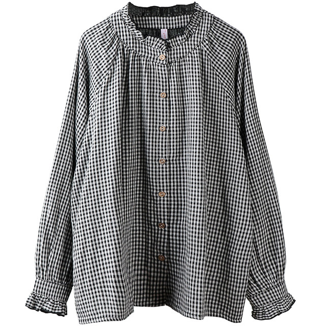 Large size plaid shirt for women, fat mm soft cotton spring clothes, literary black ears, stand collar, loose fat girl long-sleeved shirt