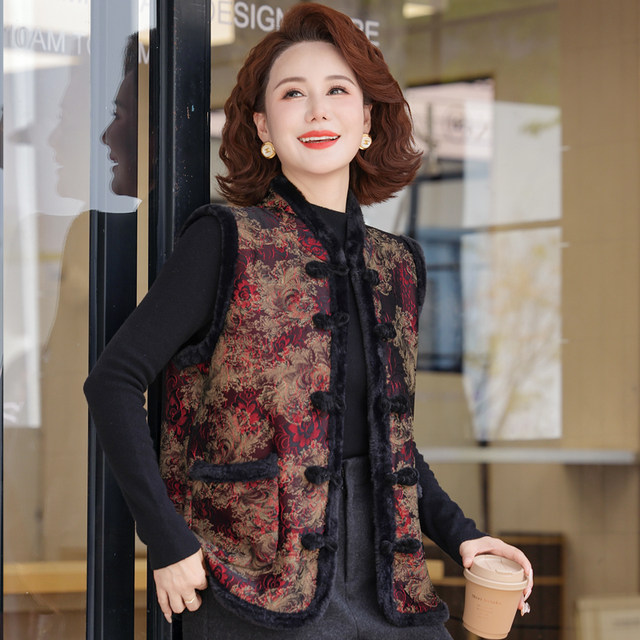 
Mom's autumn and winter clothes plus velvet warm vest jacket 2025 new fashionable Tang suit middle-aged and elderly vest horse clip for women