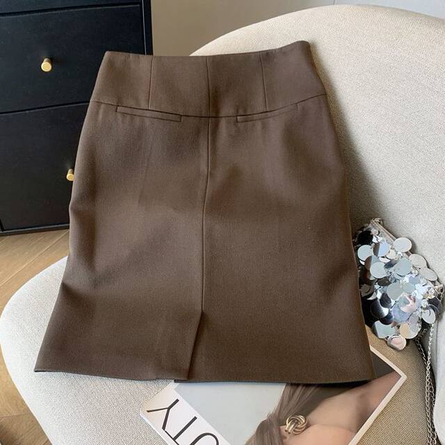 Hip skirt coffee color suits skirt zipper band -in skirt selected fabric light workplace A -line straight skirt