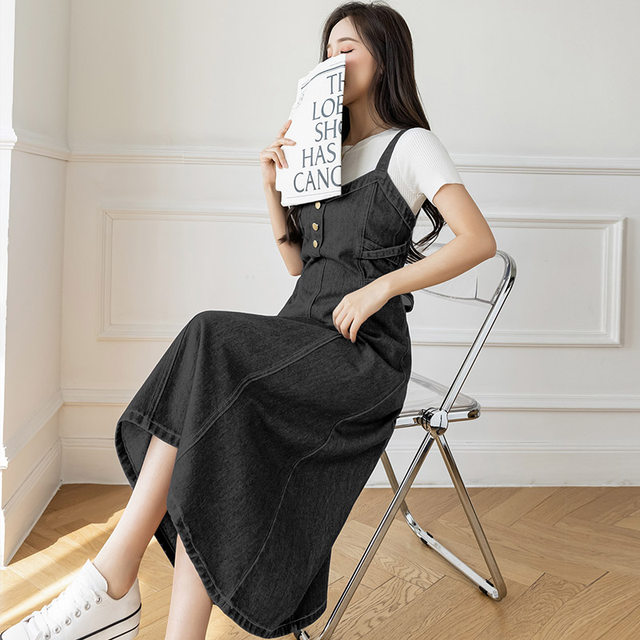 2025 mid-length skirt new style plus size versatile loose waist-hugging long skirt denim suspender A-line dress trendy

