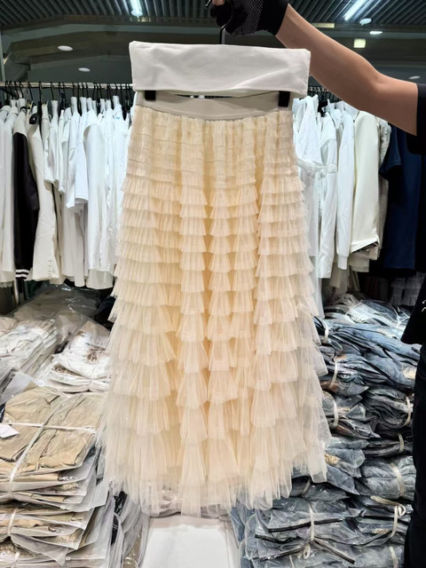 Thirteen Lines 2025 Spring and Autumn Korean Sweet Elastic Waist Mesh Cake Skirt Skirt Mid-length Fairy Skirt Women
