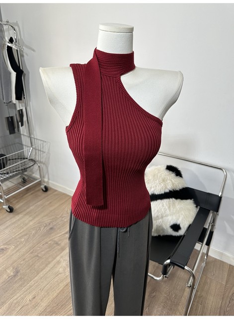French style drifting shoulder sleeveless sweater vest, slim top, autumn new style
