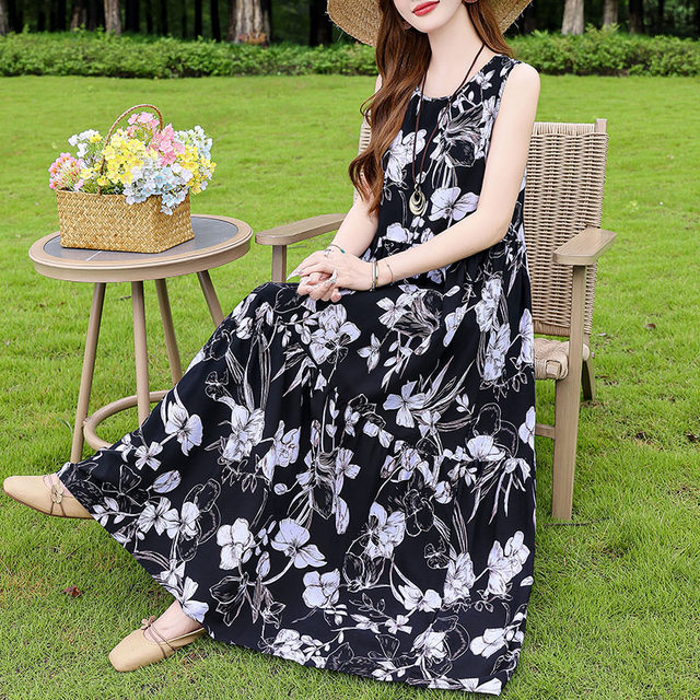 Summer cotton silk dress new outer wear young style suspender beach skirt women's sleeveless holiday skirt long skirt elegant