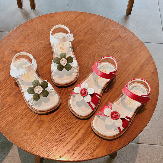 Sandalias de cuero genuino para niñas, Estilo Princesa de flores, novedad de verano 2024, Sandalias planas informales para niños, zapatos de playa con punta abierta