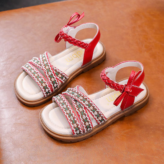 Sandalias de cuero genuino para niñas, Estilo Princesa de flores, novedad de verano 2024, Sandalias planas informales para niños, zapatos de playa con punta abierta