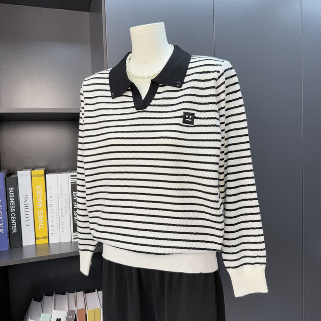 
Middle-aged woman mother dressed with striped sweater for women middle-aged and elderly lapel long sleeve base shirt and loose top