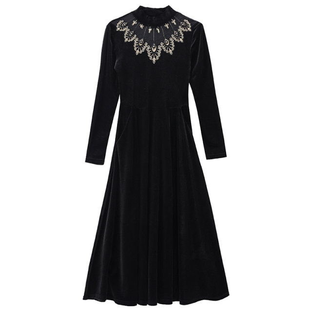 Spring and Autumn Half-high neck velvet dress for women long sleeves 2025 new temperament lace waist-hugging long skirt