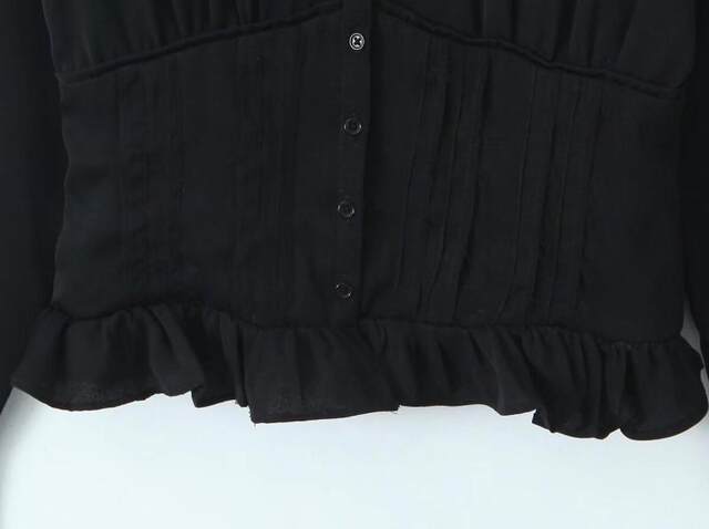 Ins blogger style black waisted flared sleeves V-neck shirt short French hot girl niche base shirt