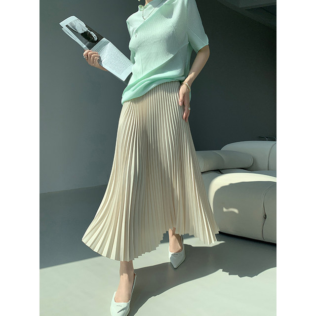 Xie Ugly High waist Slender pleated skirt Female spring and summer tide brand vertical velvet wrinkles A -line women's long skirt
