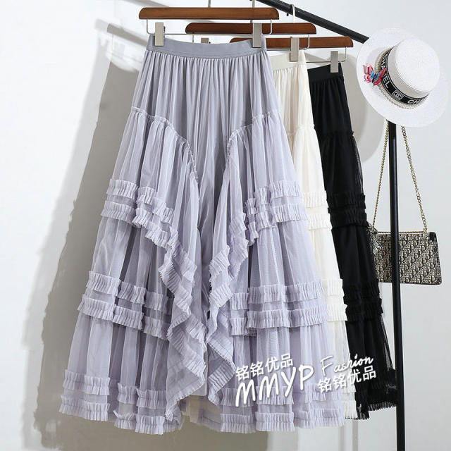 Gray black ears with lace spliced ​​mesh cake skirt for women 2025 spring and summer design puffy princess long skirt