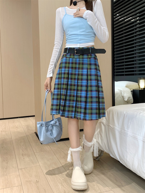 American retro college style Scottish plaid pleated skirt women's mid-length summer A-line short skirt plaid skirt